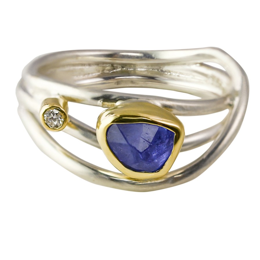 Rings Tomfoolery London | Tanzanite, Diamond, 18Ct Yellow Gold & Silver Narrow Wrap Ring