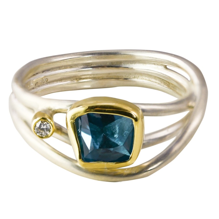 Rings Tomfoolery London | Blue Topaz, Diamond, 18Ct Yellow Gold & Silver Narrow Wrap Ring