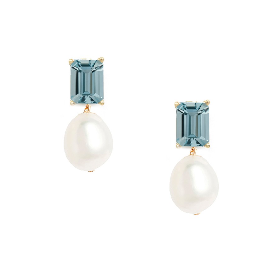 Earrings Tomfoolery London | Blue Topaz And Pearl Drop Earrings In 14Ct Yellow Gold