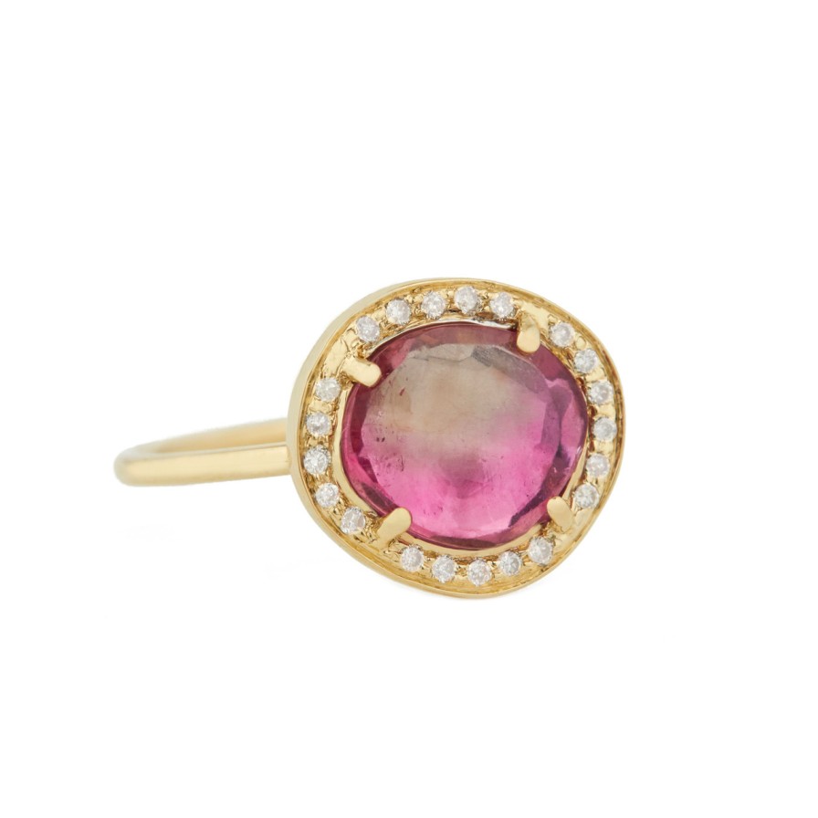 Rings Tomfoolery London | One Of A Kind 14 Carat Yellow Gold, Pink Watermelon Tourmaline & Diamond Medium Stella Ring