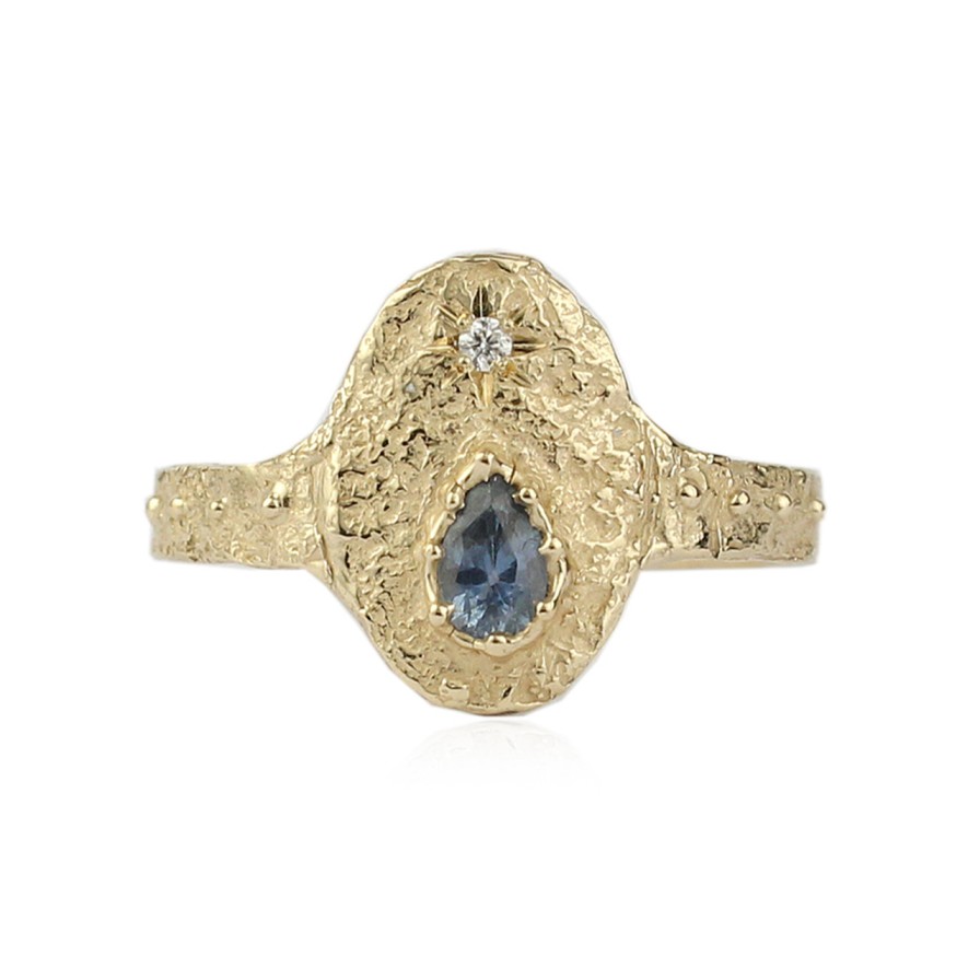 Rings Tomfoolery London | Rustic Sapphire & Diamond Drop Ring