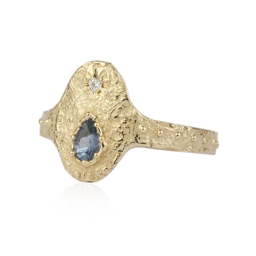 Rings Tomfoolery London | Rustic Sapphire & Diamond Drop Ring