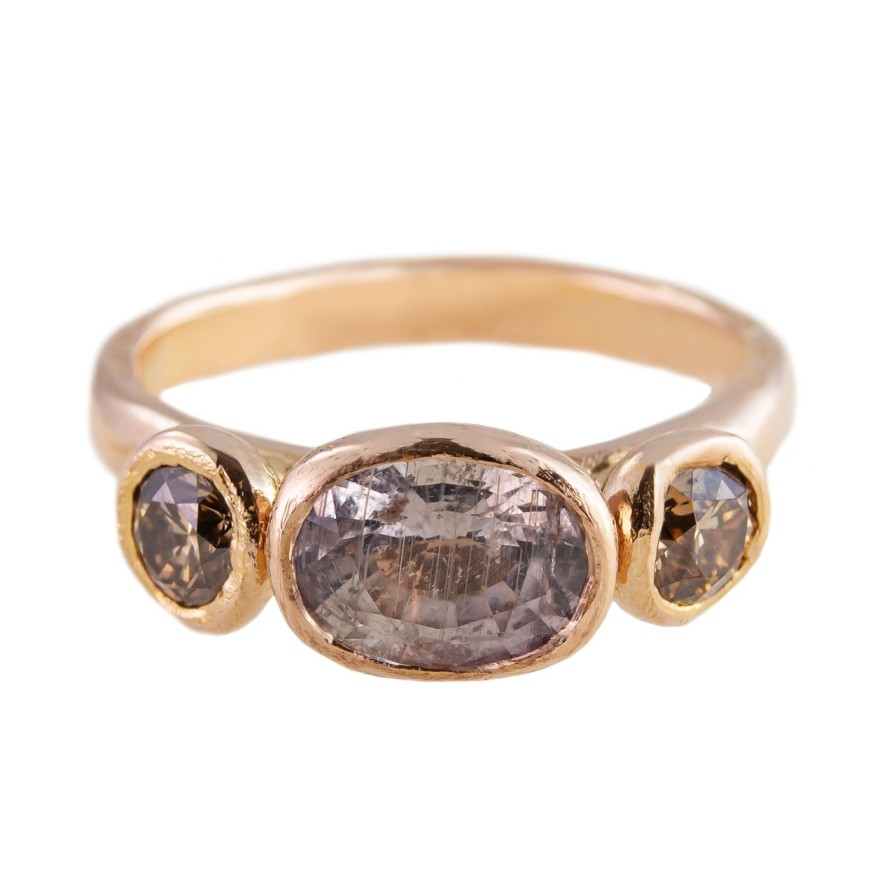 Rings Tomfoolery London | Organic Three Stone Sapphire & Cognac Diamond 9Ct Rose Gold Ring