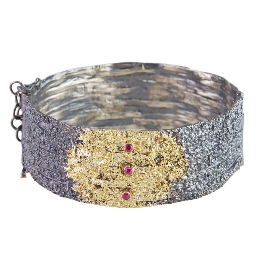 Bracelets Tomfoolery London | Oxidised Silver Textured Ruby Hinged Bangle