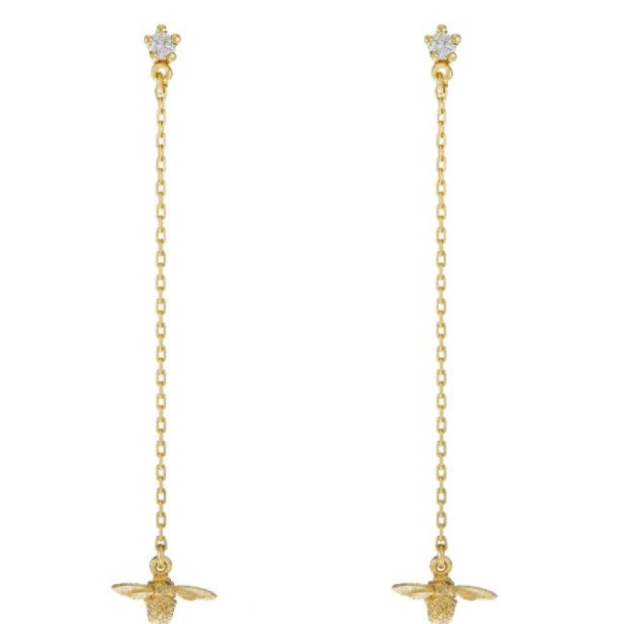 Earrings Tomfoolery London | Diamond Stud Earrings With Fine Chain Bee Drops