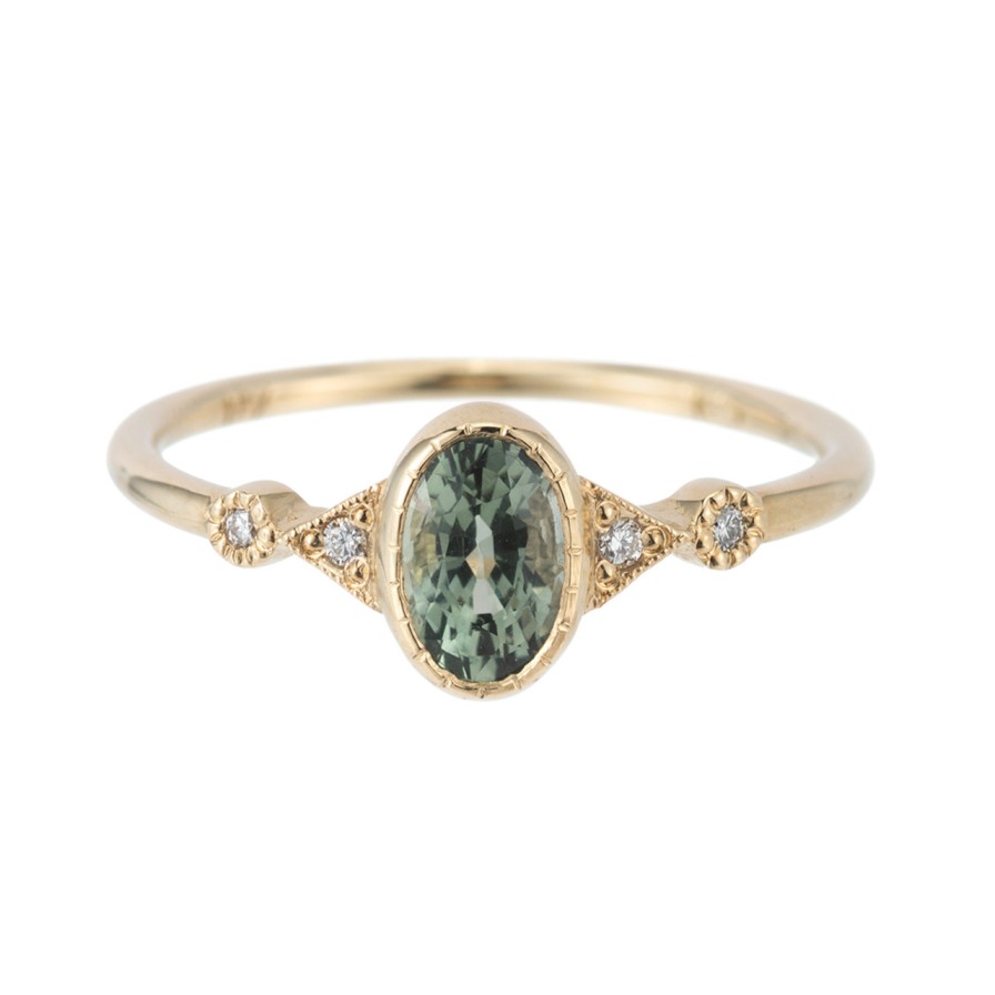 Rings Tomfoolery London | Green Sapphire Oval Duo Deco Ring