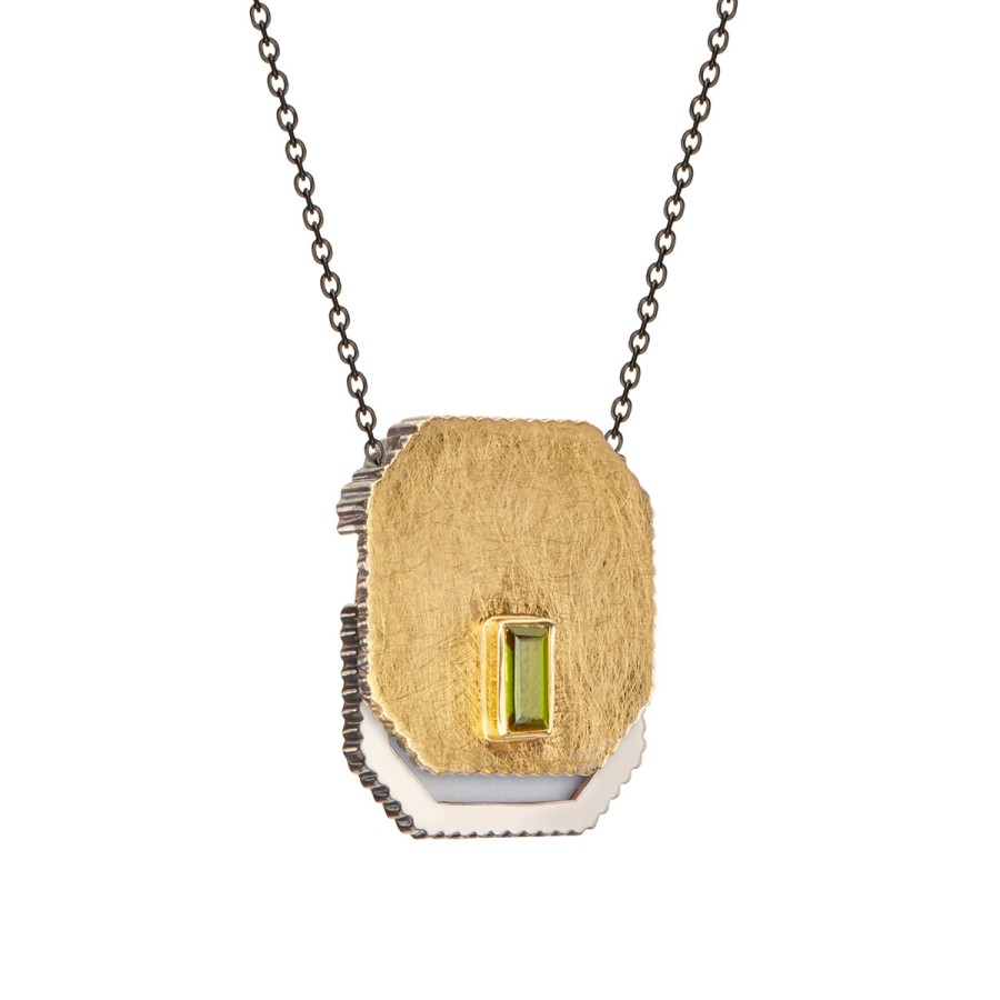 Necklaces Tomfoolery London | Tourmaline Locket In Oxidised Silver 14Ct Yellow Gold