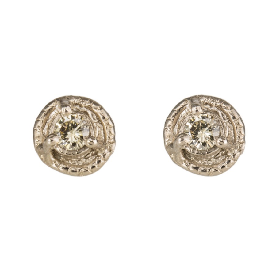 Earrings Tomfoolery London | Champagne Diamond & 18Ct White Gold Rustic Stud Earrings