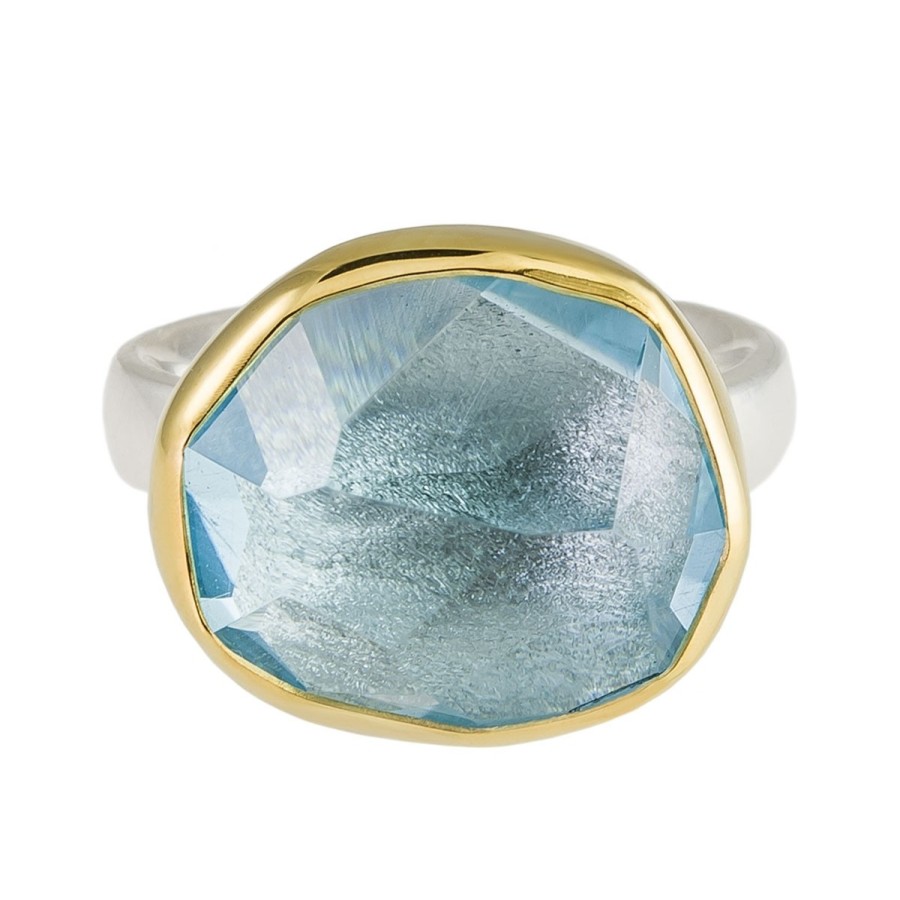 Rings Tomfoolery London | Horizontal Oval Aquamarine 18Ct Yellow Gold & Silver Ring