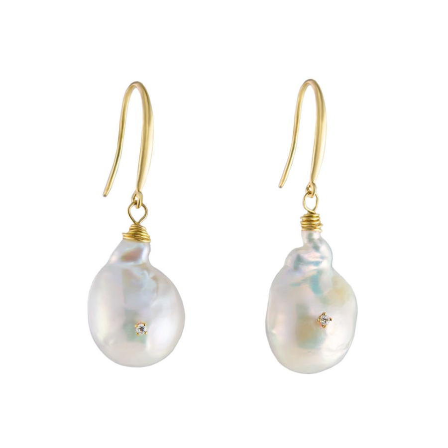 Earrings Tomfoolery London | 18Ct Yellow Gold & Diamond Set Pearl Drop Earrings