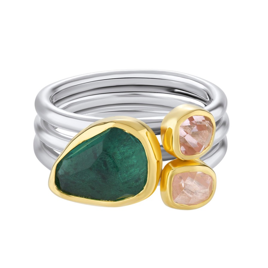 Rings Tomfoolery London | Green Quartz & Morganite 18Ct Yellow Gold & Silver Triple Band Ring