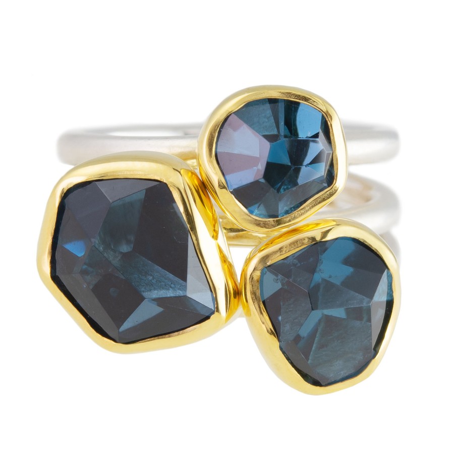 Rings Tomfoolery London | Three Blue Topaz 18Ct Yellow Gold & Silver Triple Band Ring