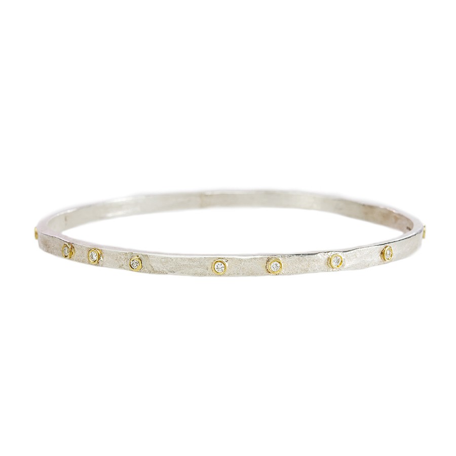 Bracelets Tomfoolery London | Square Section Hammered Silver & Diamond Bangle