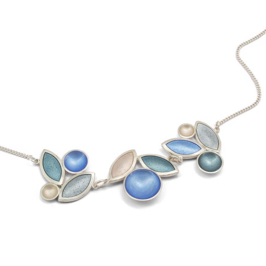 Necklaces Tomfoolery London | Triple Section Bluebell Pearl, Ice & Grey Leaf Necklace