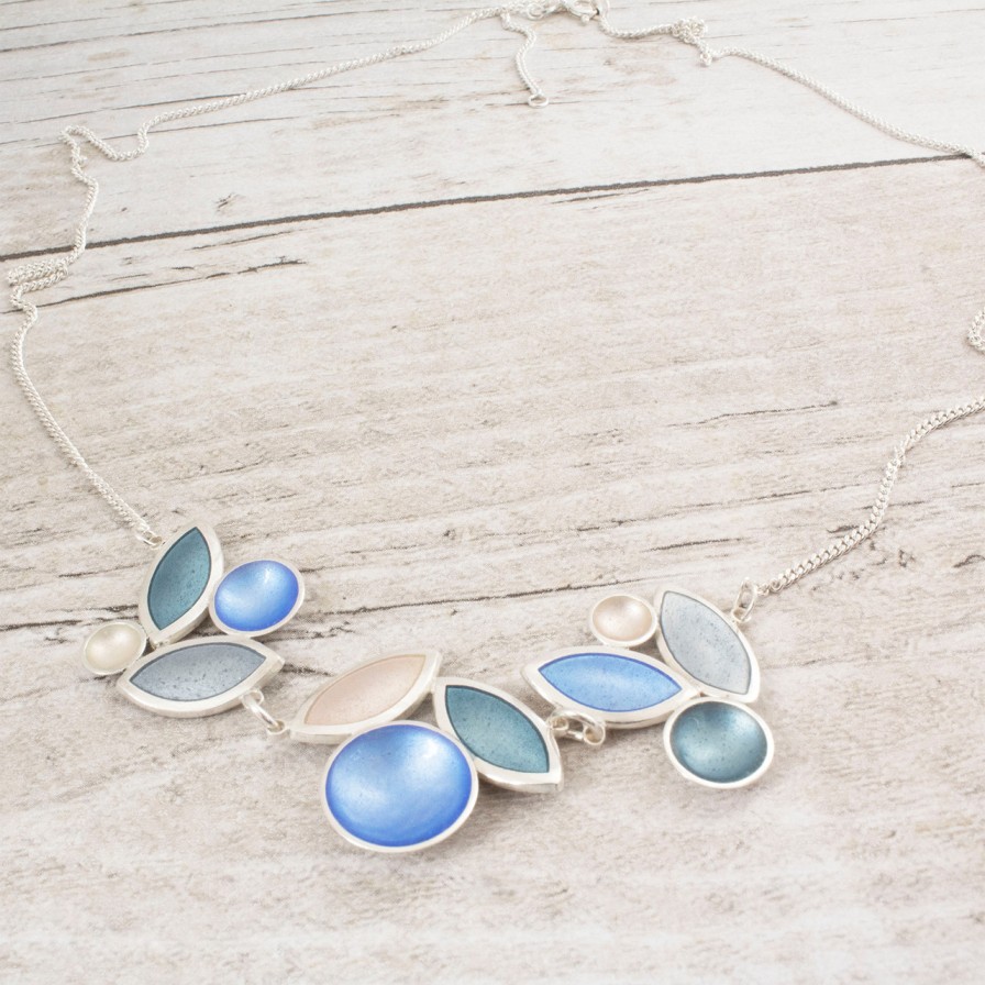 Necklaces Tomfoolery London | Triple Section Bluebell Pearl, Ice & Grey Leaf Necklace