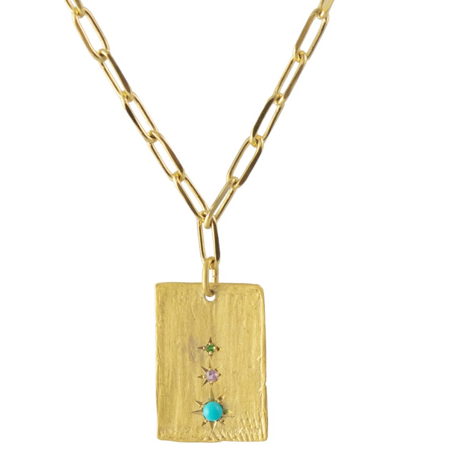 Necklaces Tomfoolery London | Square Gold Plated Pendant With Turquoise & Sapphires