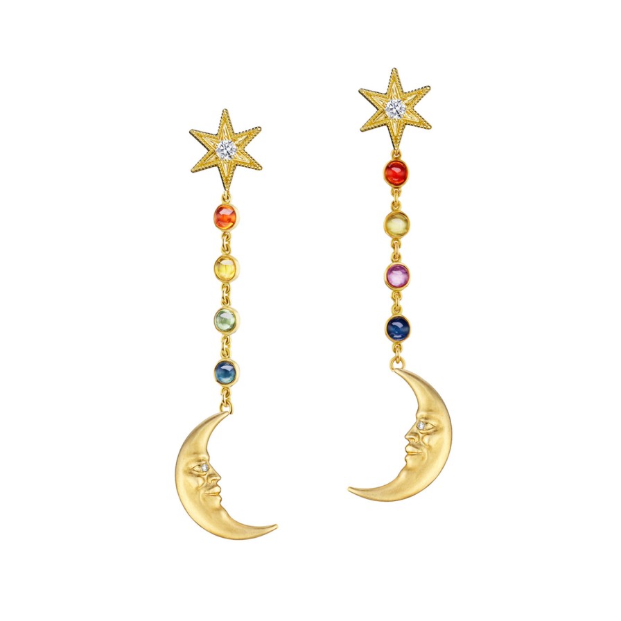 Earrings Tomfoolery London | Rainbow Sapphire Crescent Moonface Earrings