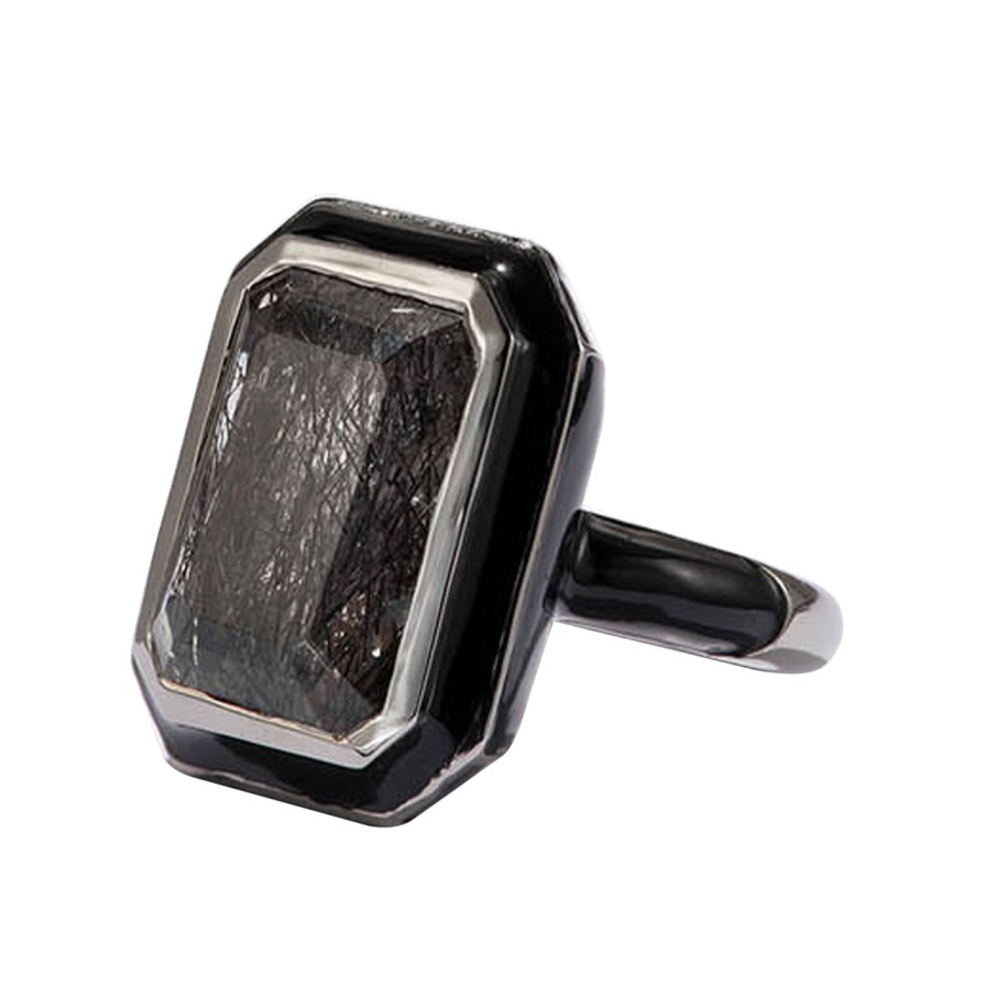 Rings Tomfoolery London | Black Rutilated Quartz & Enamel Deco Statement Ring