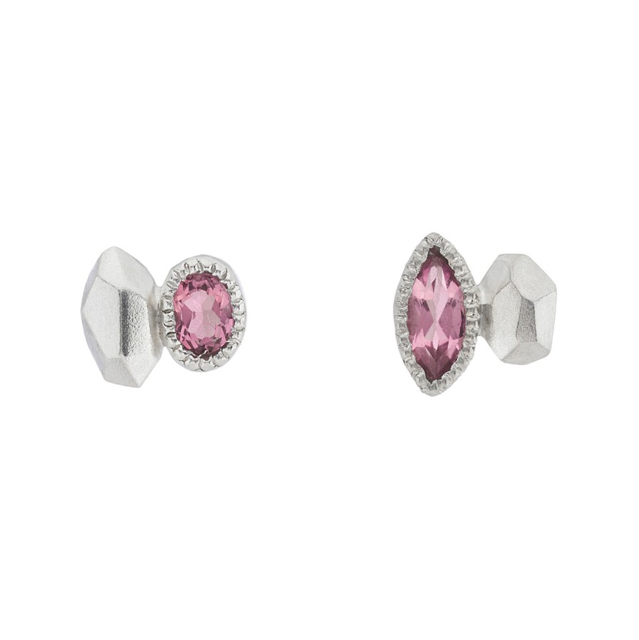 Earrings Tomfoolery London | Silver Marquise Irregular Studs With Pink Tourmaline