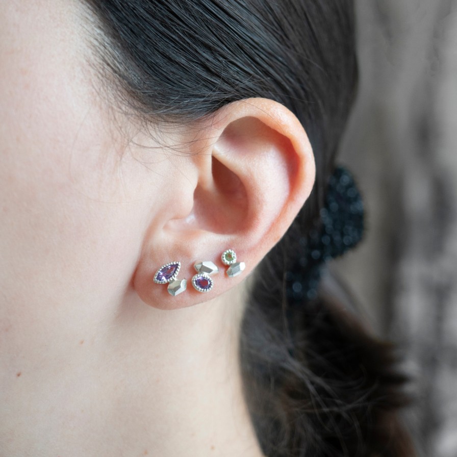 Earrings Tomfoolery London | Silver Marquise Irregular Studs With Pink Tourmaline