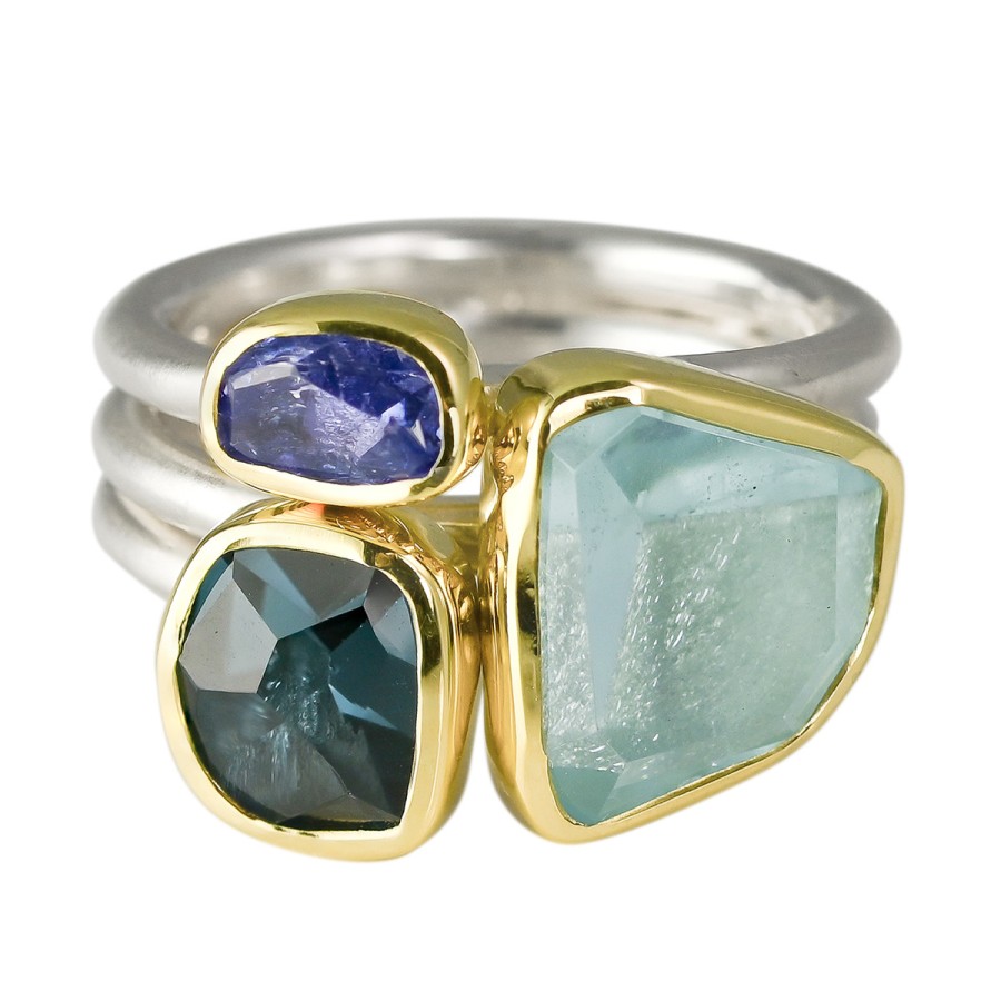 Rings Tomfoolery London | Aquamarine, Blue Topaz, Tanzanite, 18Ct Yellow Gold & Silver Triple Band Ring