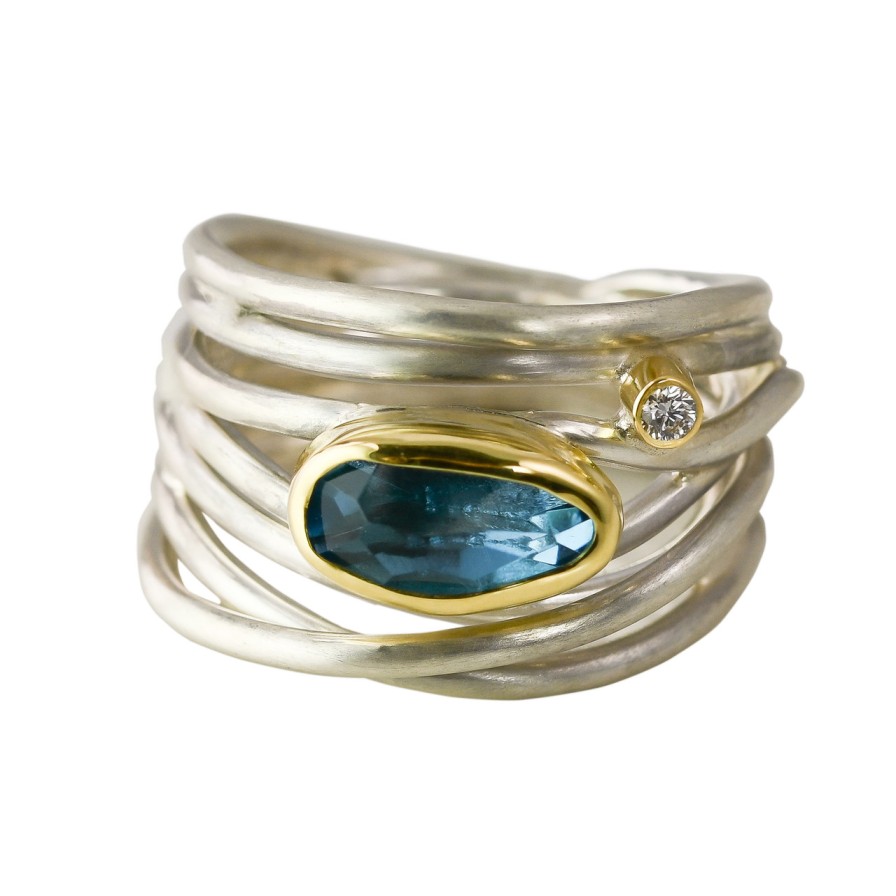 Rings Tomfoolery London | Blue Topaz, Diamond, 18Ct Yellow Gold & Silver Wrap Ring