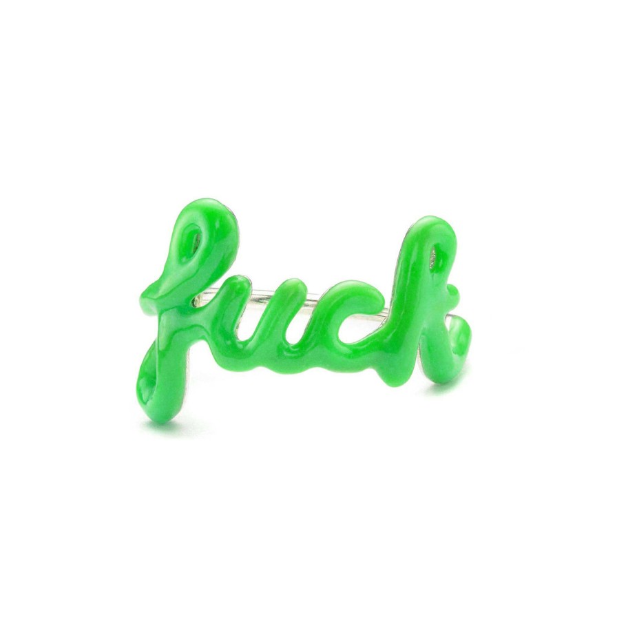 Rings Tomfoolery London | Silver & Enamel Neon Green 'Fuck' Ring