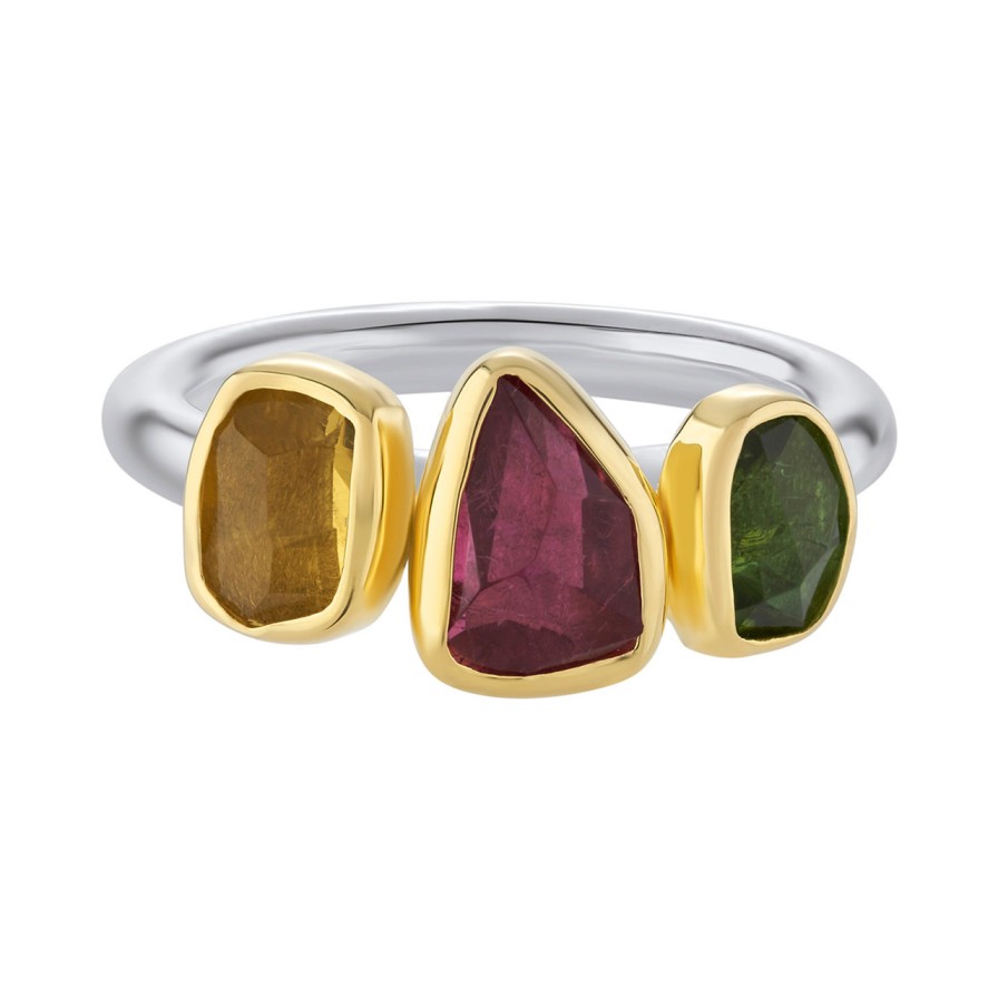 Rings Tomfoolery London | Green, Pink Tourmaline & Heliodor Three Stone Rounded Band Ring