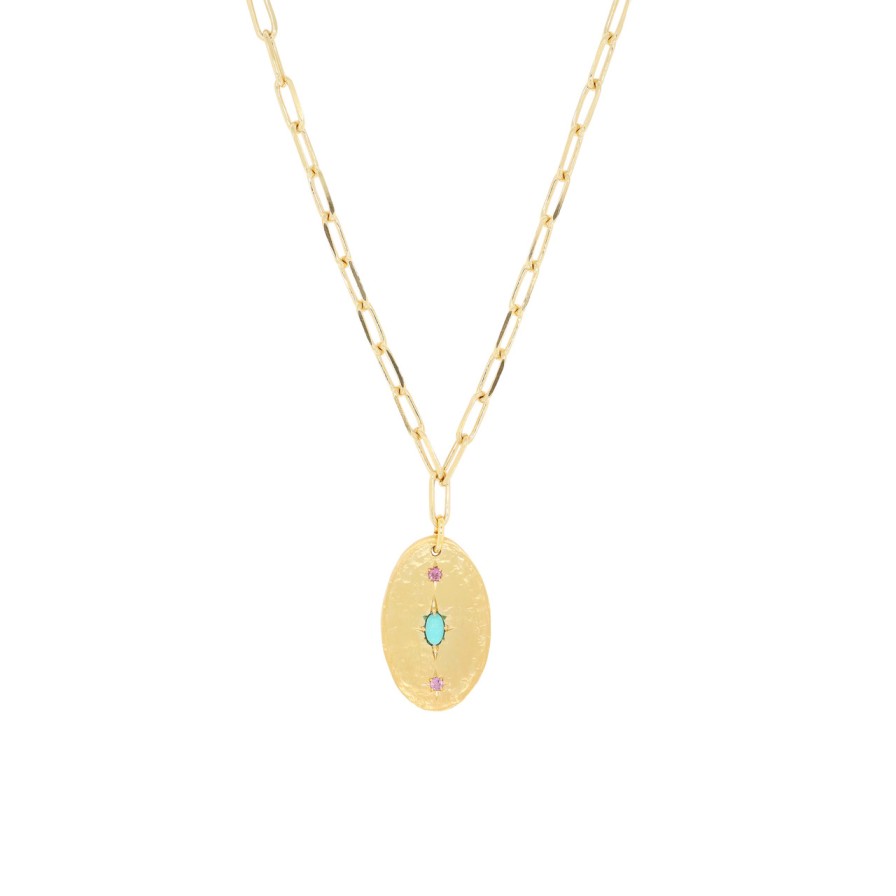 Necklaces Tomfoolery London | Small Gold Plated & Gemstone Set Pendant