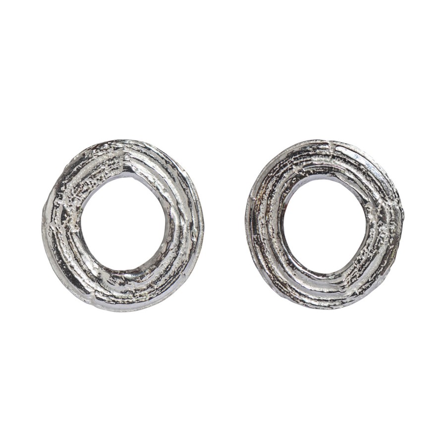 Earrings Tomfoolery London | Silver Large Flat Oak Circle Studs