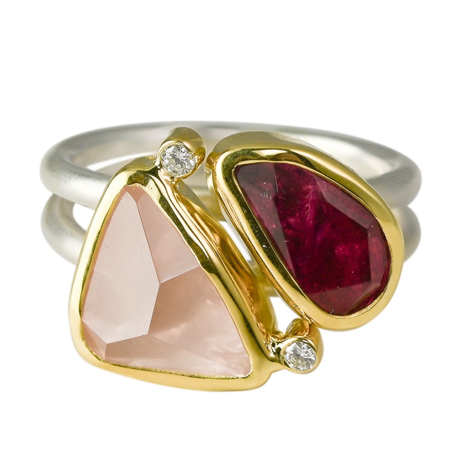 Rings Tomfoolery London | Pink Tourmaline, Rose Quartz & Diamond Double Band Ring