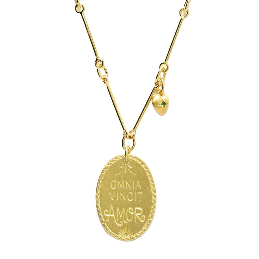 Necklaces Tomfoolery London | Gold Plated Omnia Vincit Tsavorite Pendant