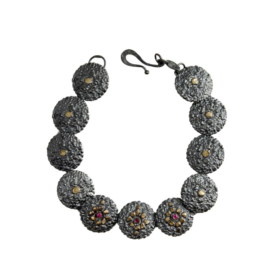 Necklaces Tomfoolery London | Oxidised Silver Textured Round Ruby Bracelet