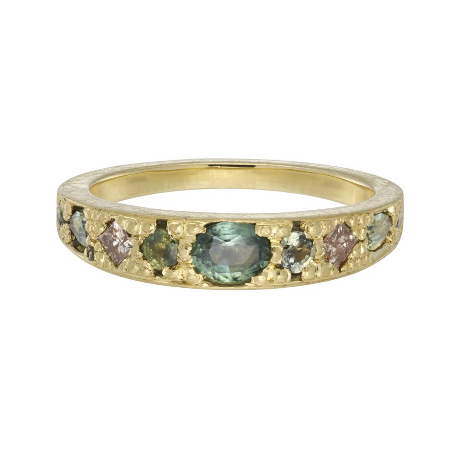 Rings Tomfoolery London | 18Ct Yellow Gold Teal Sapphire & Diamond Tapered Puzzle Band