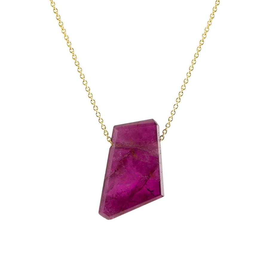 Necklaces Tomfoolery London | Pink Tourmaline Slice & 14Ct Yellow Gold Pendant Necklace