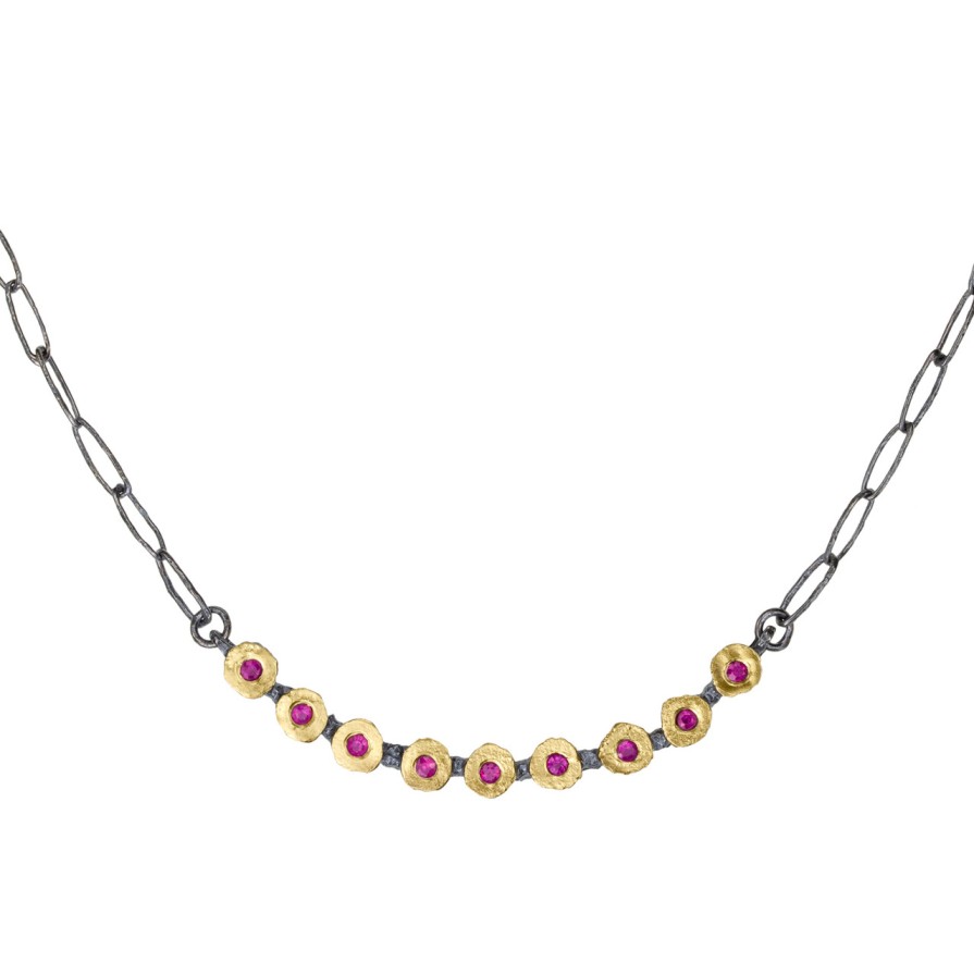 Necklaces Tomfoolery London | Oxidised Silver, Ruby & Gold Chain Link & Circle Necklace