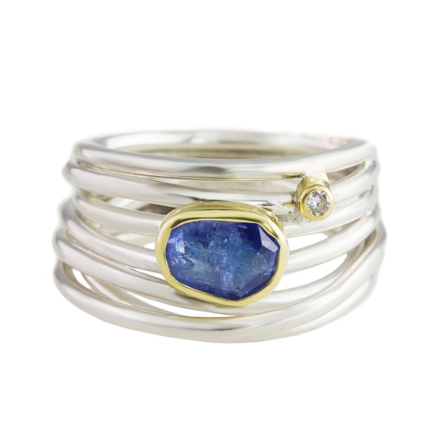 Rings Tomfoolery London | Tanzanite & Diamond 18Ct Yellow Gold & Silver Wide Wrap Ring