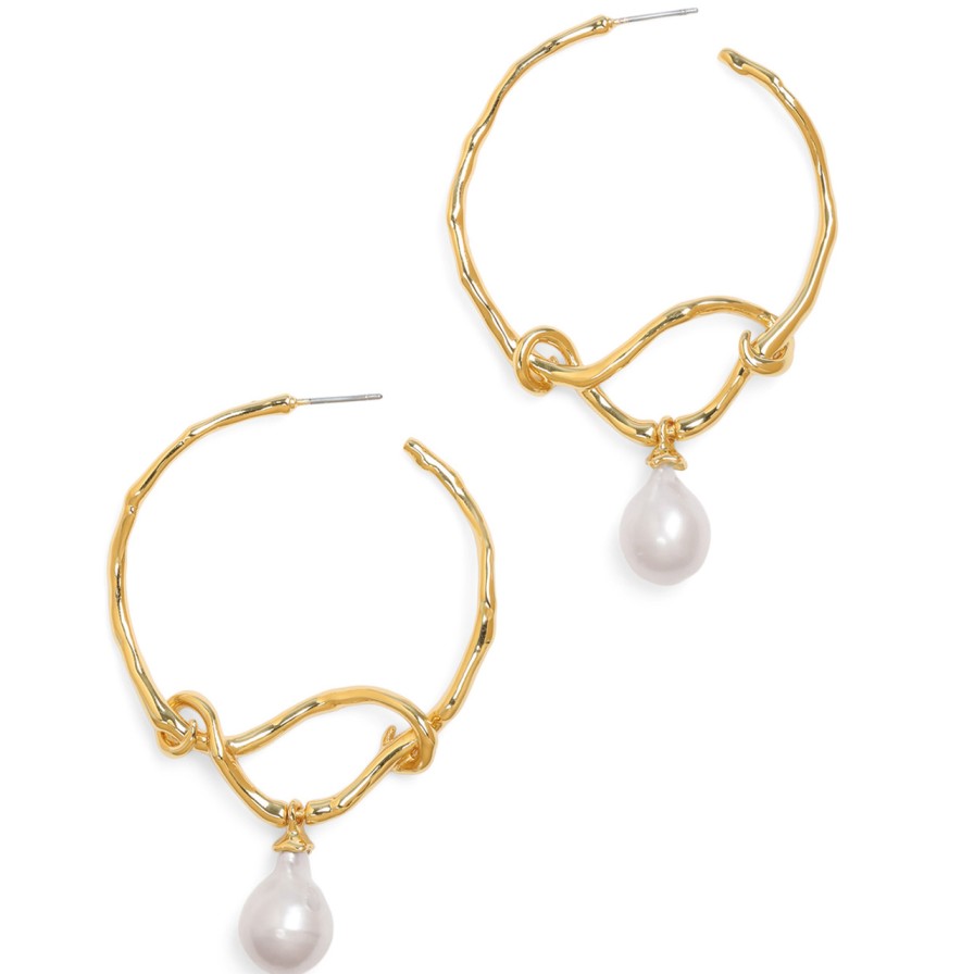 Earrings Tomfoolery London | Twisted Gold Pearl Drop Hoop Earrings