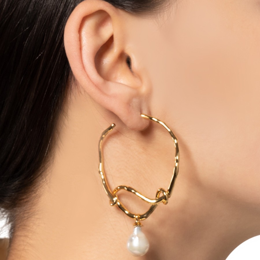 Earrings Tomfoolery London | Twisted Gold Pearl Drop Hoop Earrings