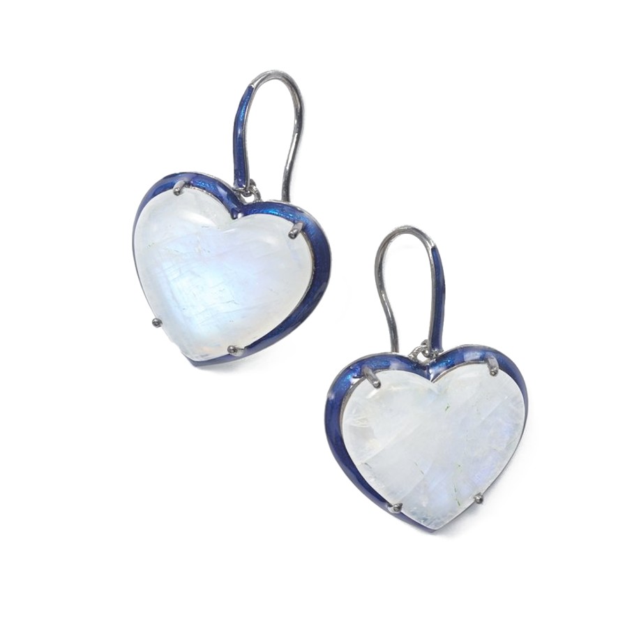 Earrings Tomfoolery London | Rainbow Moonstone Blue Enamelled Heart Drop Earrings