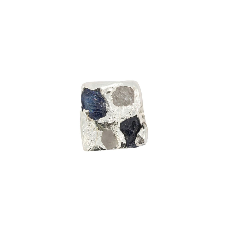 Earrings Tomfoolery London | Raw Blue Sapphire & Silver Square Stud