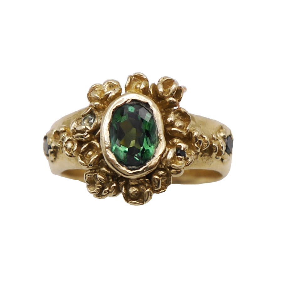 Rings Tomfoolery London | Rosarium Green Tourmaline, Black Diamond & Sapphire Ring