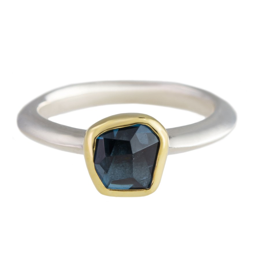 Rings Tomfoolery London | Irregular Blue Topaz, 18Ct Yellow Gold & Silver Stacking Ring