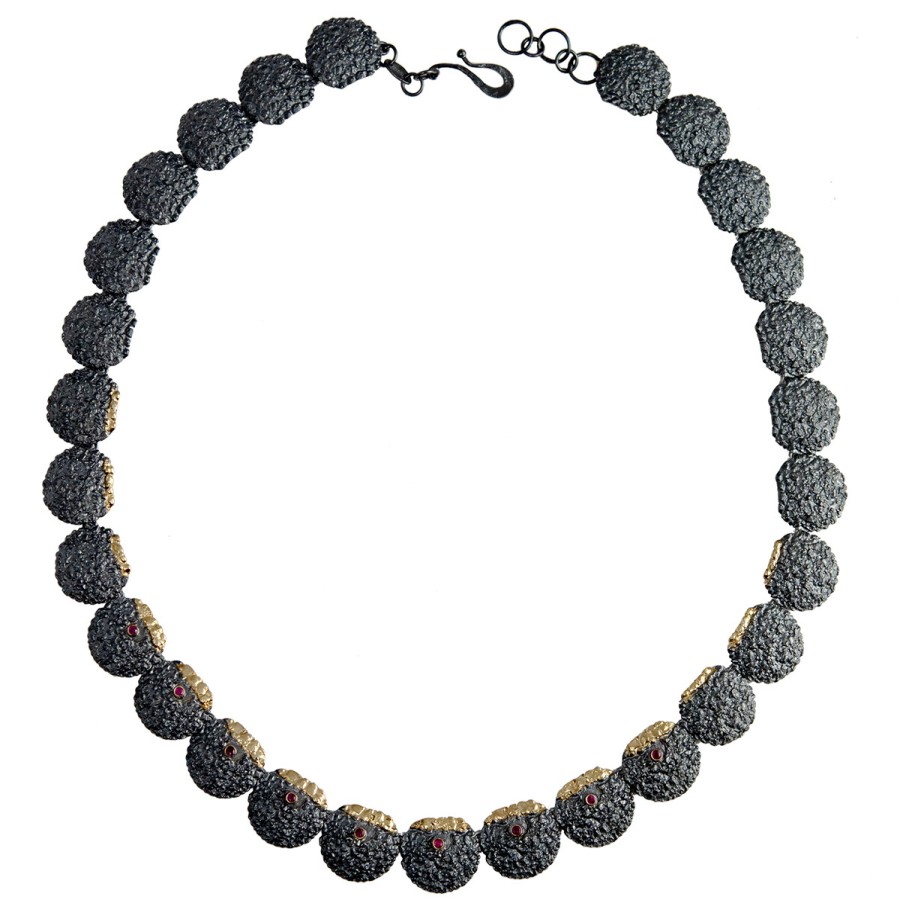 Necklaces Tomfoolery London | Oxidised Silver Textured Round Ruby Necklace