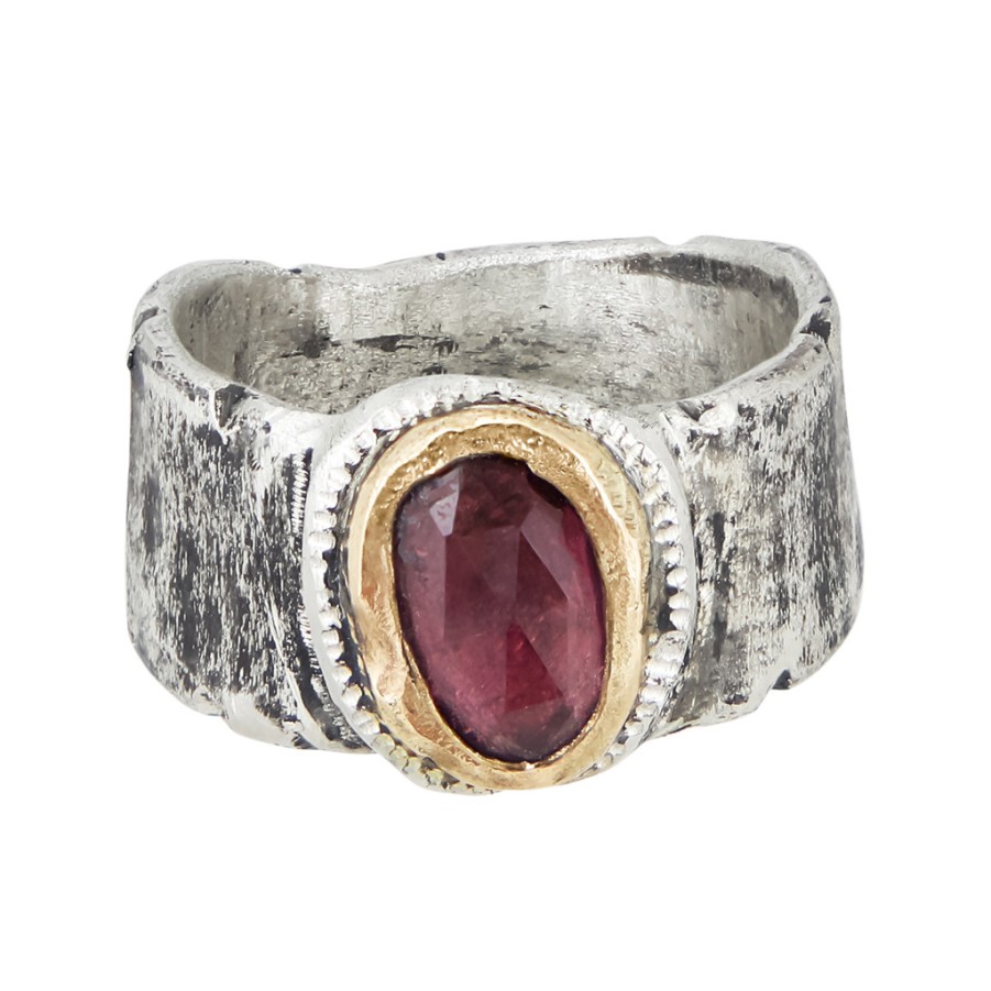 Rings Tomfoolery London | Silver & Pink Tourmaline Wide Band Ring