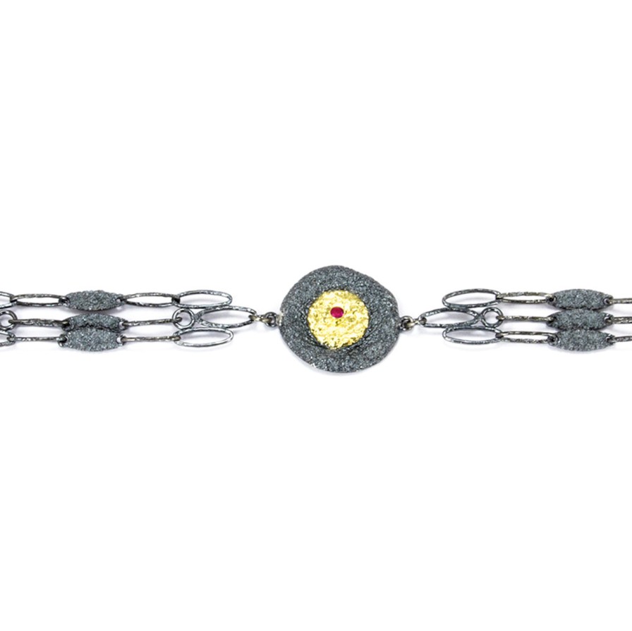 Bracelets Tomfoolery London | Oxidised Silver, Ruby & Gold Triple Chain & Circle Bracelet