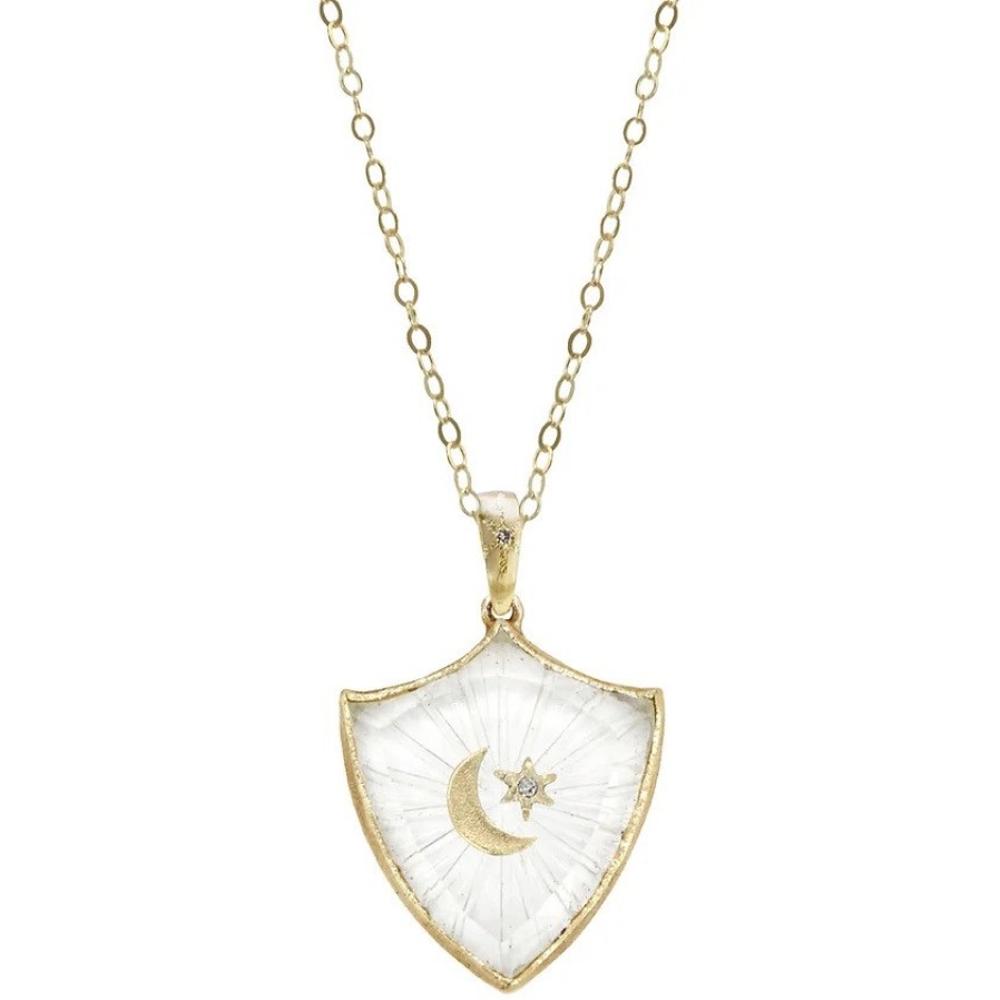 Necklaces Tomfoolery London | Crescent Star Large Shield Amulet 14Ct Yellow Gold