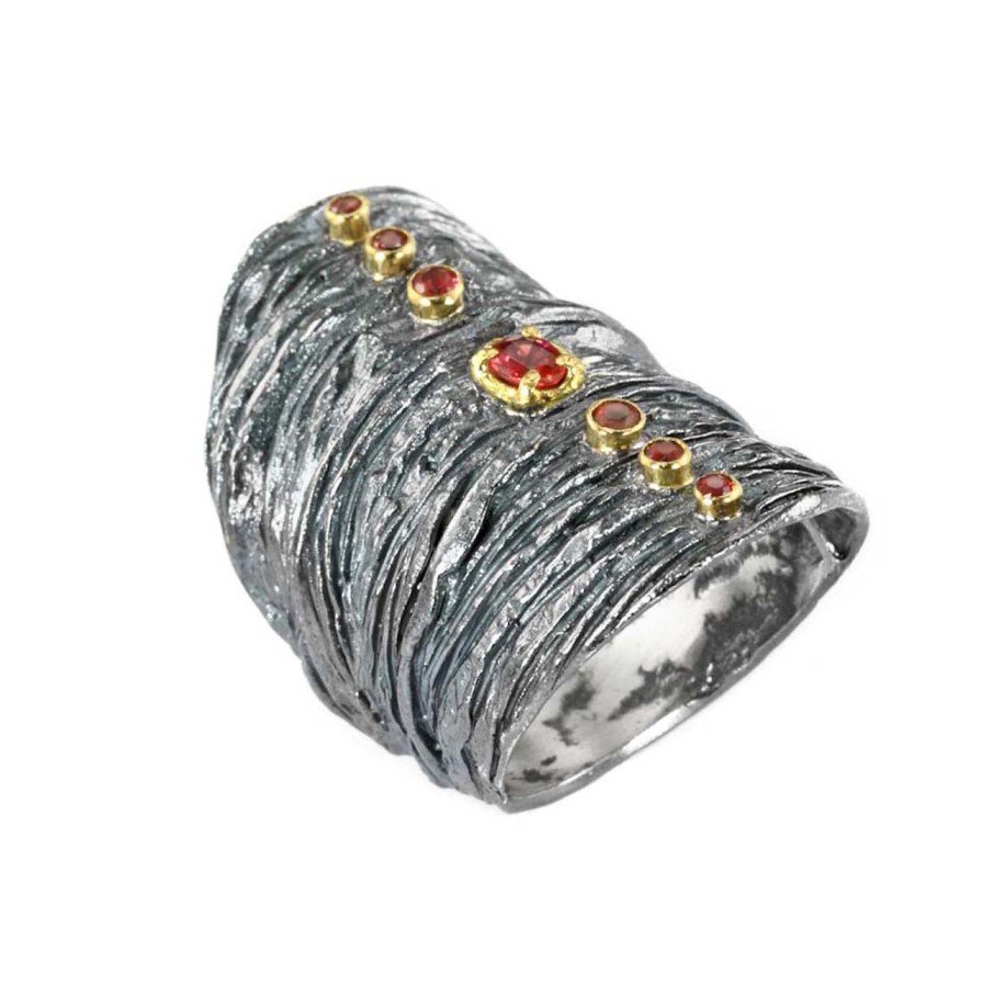 Rings Tomfoolery London | Oxidised Silver & Ruby Textured Shield Ring