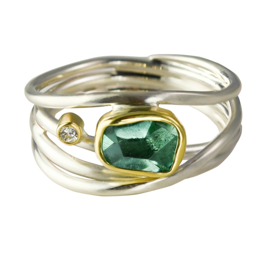 Rings Tomfoolery London | Green Amethyst, Diamond, 18Ct Yellow Gold & Silver Narrow Wrap Ring