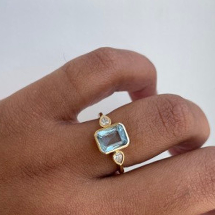 Rings Tomfoolery London | Trio Aquamarine And Diamond Bezel Set Ring